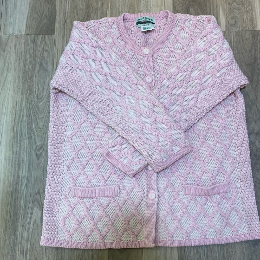 Aran Crafts Pink Cardigan 100% Merino Wool Sz: L